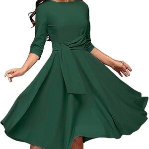 Green A-Line Audrey Hepburn Style Midi Dress Size Large 3/4 Sleeve